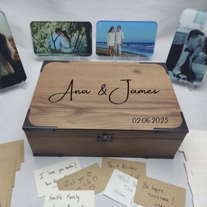 Set di cofanetti per matrimonio, scatola + foto + biglietti d'auguri + penna, scatola dei ricordi personalizzata fatta a mano per coppie, pacchetto regalo di nozze personalizzato dorato