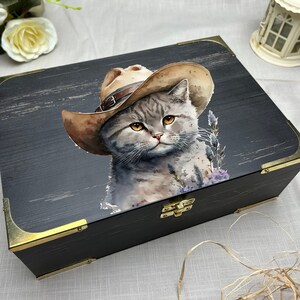 Cowboy kat sieraden doos, kleurrijke kat houten huidige doos, handgemaakte aangepaste kat zwart goud, gepersonaliseerde Kitty lege doos, kat accessoires doos
