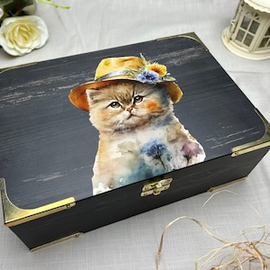 Prachtige kattensieradendoos, kleurrijke kattenhouten huidige organisator, handgemaakte aangepaste zwarte goud, gepersonaliseerde Kitty lege doos, kattenaccessoires doos