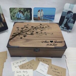 Set matrimonio romantico, scatola + foto + biglietti d'auguri + penna, scatola dei ricordi dell'albero della vita presente, supporti per foto di alta qualità, pacchetto regalo di nozze personalizzato