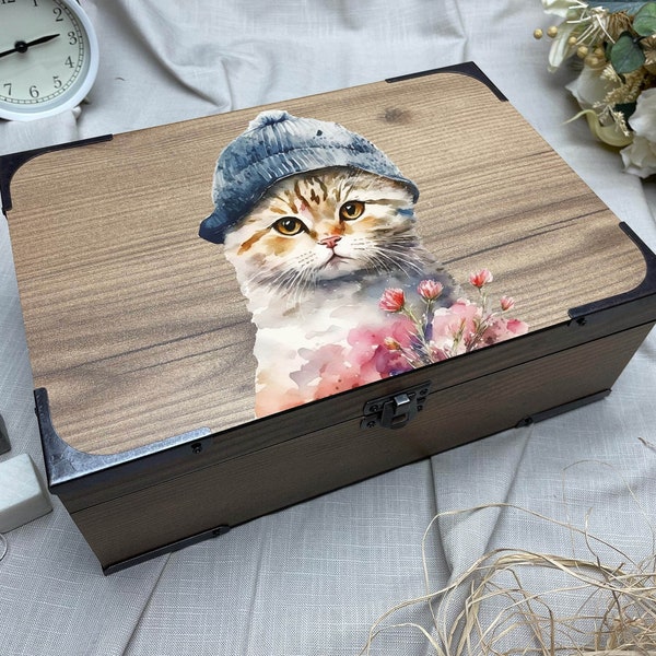 Cute Cat with Hat Printed Wooden Gift Box,Handmade Keepsake For Him/Her, Present Home Decor,Custom Wooden Box,Personalized Lovely Cat