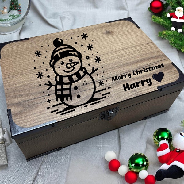 Uniek kerstcadeau en aandenken met sneeuwpopthema - Aanpasbare feestelijke houten kist - Handgemaakte Noel-geschenkdoos