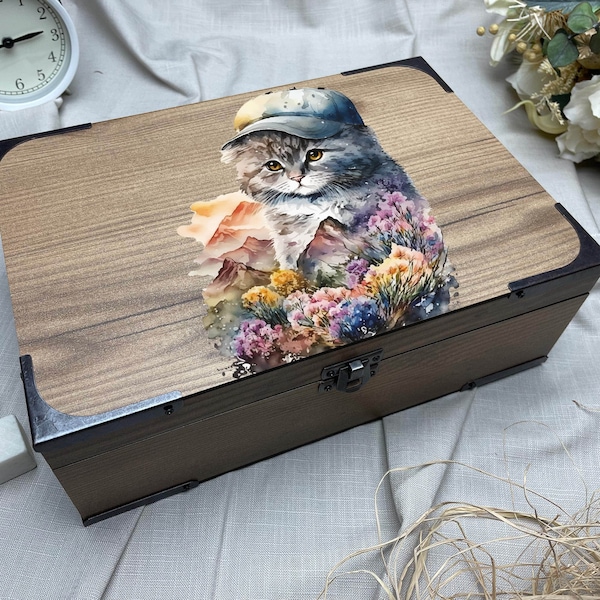 Boîte d'accessoires pour chat, Boîte cadeau en bois colorée pour chat, Souvenir fait main, Cadeau pour décoration d'intérieur, Boîte en bois personnalisée, Boîte vide personnalisée sur le thème du chaton