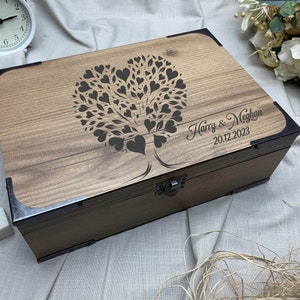 Romantische Erinnerungsbox - Anpassbare handgefertigte Holzbox - Liebesbaum-Herz-Aufbewahrungsbox - Geschenkbox für Paare Valentinstag