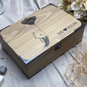 Schöne Bär hält Luftballons Holz Geschenkbox-Personalisierte Handmade Andenken-Präsent Leer Benutzerdefinierte Holzkiste leer Romantisches Geschenk