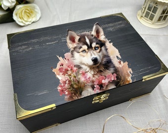 Boîte à bijoux aquarelle pour chien · Organiseur de cadeaux en bois husky coloré · Rangement de pattes personnalisé fait main · Boîte d'accessoires pour animaux de compagnie