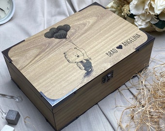 Lovely Bear Holding Balloons Wooden Gift Box-Personalized Handmade Keepsake-Present Empty Custom Wooden Box Blank Romantic Gift