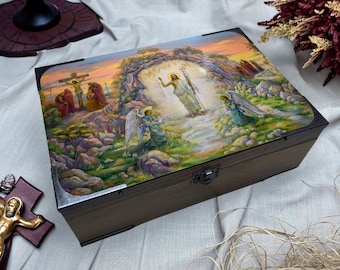 Boîte souvenir artisanal Transfiguration de Jésus - Collection Une rencontre céleste - Boîte souvenir biblique faite main - Idée cadeau personnalisable