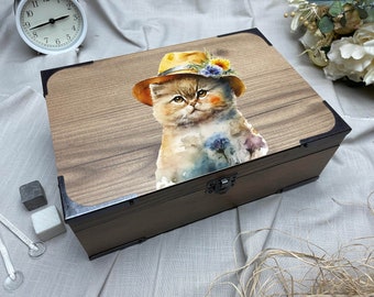 Colorful Cat Printed Accessory Wooden Gift Box,Handmade Keepsake,Present Home Decor,Custom Wooden Box,Personalized Kitty Multipurpose Box