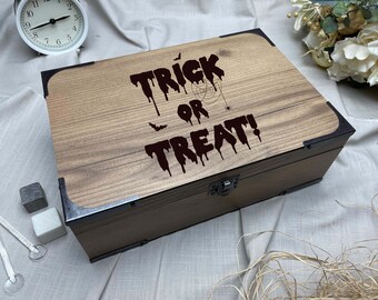 Trick Or Treat Printed Halloween Keepsake Box - Wooden Handmade Custom Gift Box - Personalized Happy Halloween Themed Memory Box