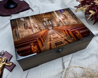 Intérieur cathédrale imprimé boîte souvenir Art - boîte bible sacrée faite main - boîte cadeau en bois personnalisée pour christs
