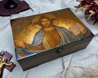 Jesus Christ Icon Keepsake Wooden Box - Customizable Religious Gift Box - Handmade Bible Box - Inner Lid Personalized Gift for Christians