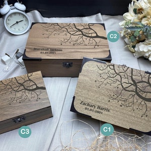Personalized wooden keepsake box with a detailed tree engraving, customized branches andmetal corner brackets protected nostalgic rustic rectangular wooden handmade box romantic gift idea for husband boyfriend kids