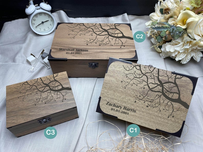 Personalized wooden keepsake box with a detailed tree engraving, customized branches andmetal corner brackets protected nostalgic rustic rectangular wooden handmade box romantic gift idea for husband boyfriend kids