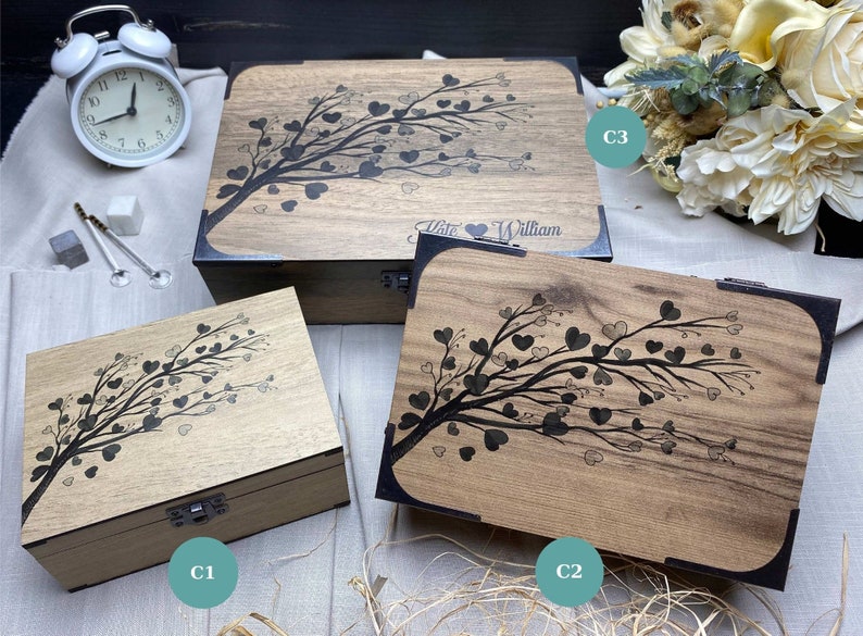 Boîte cadeau en bois, cadeau fait main personnalisé pour lui/elle, boîte en bois personnalisée vide de mariage, cadeau romantique vierge image 2