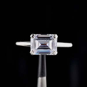 East West Emerald Cut Moissanite Solitaire Engagement Ring, 14K White  gold anniversary ring, Double clove East To West Emerald Diamond Ring