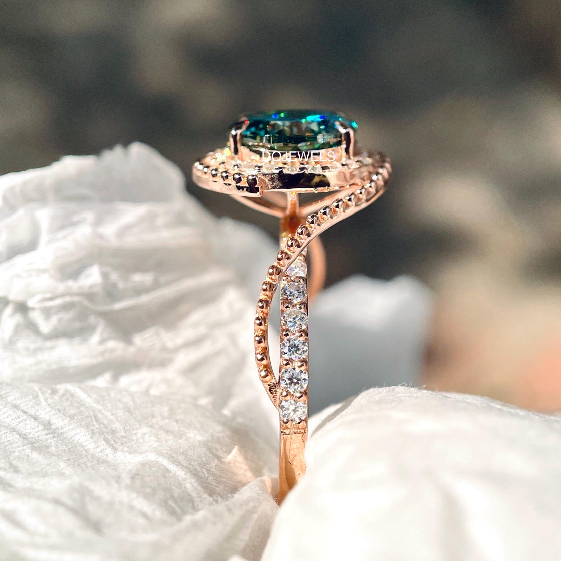 Portuguese cut Moissanite Engagement Ring Milgrain Ring 14K Rose Gold Halo Ring Curved band Ring wedding ring minimalist Anniversary ring