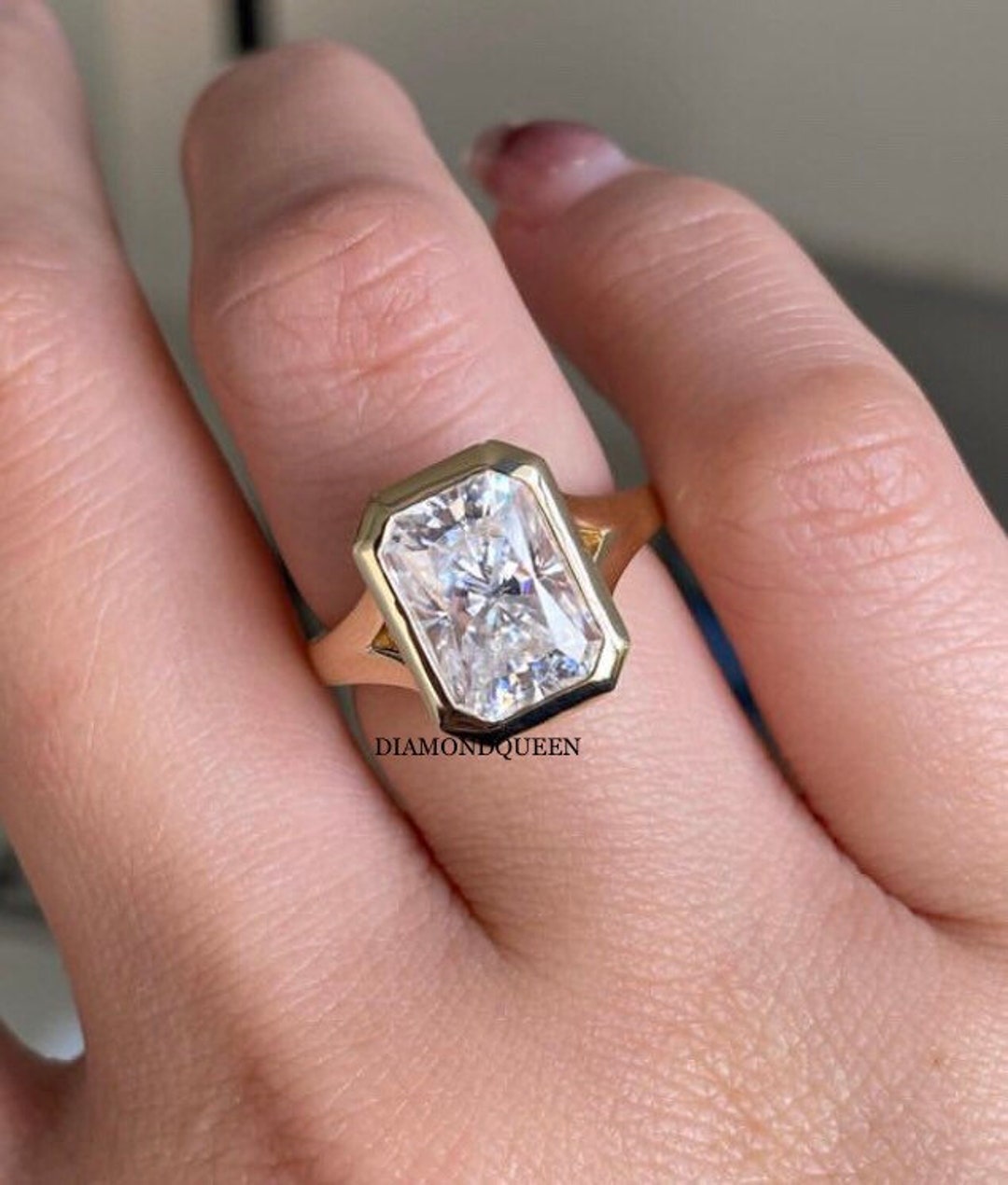 Bezel Set Emerald Cut Moissanite Engagement Ring, 2.5 CT Emerald Cut Diamond Ring for Women