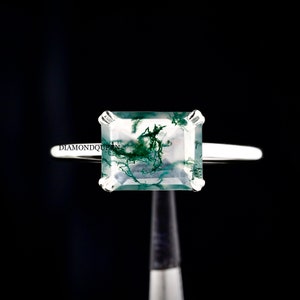 East west Emerald cut Moss Agate Ring, Emerald Cut East West Moss Agate Engagement Ring, Emerald Cut Solitaire Ring, Moss Agate Ring