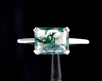 East west Emerald cut Moss Agate Ring, Emerald Cut East West Moss Agate Engagement Ring, Emerald Cut Solitaire Ring, Moss Agate Ring