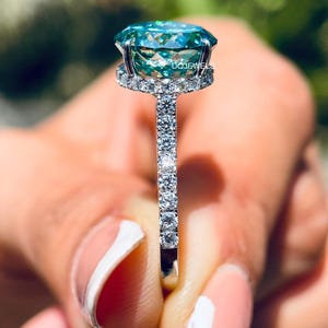 4 CT Portuguese cut Moissanite Engagement Ring Blue Green Moissanite Anniversary Ring For Women 14K White Gold   Hidden Halo Solitaire Ring