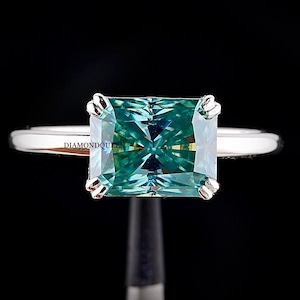 East West Radiant Cut Moissanite Ring, 2.5 CT Blue Green Radiant Cut Moissanite Engagement Ring, Solitaire Double Clow Ring For Women
