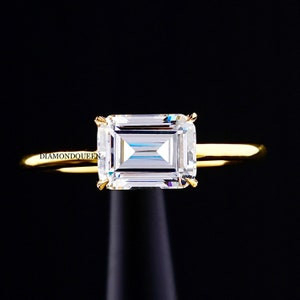 East West Solitaire Emerald Cut Engagement Ring, 14k yellow gold anniversary ring, solitaire wedding ring, stacking ring,moissanite emerald