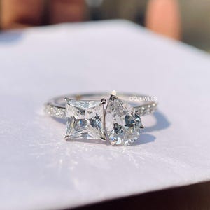 Toi Et Moi Anello di fidanzamento con moissanite taglio principessa e a pera, con diamanti, anello in platino per donna, anello nuziale con due pietre, regalo per lei