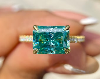 East West Radiant Cut Moissanite Ring 2.5 CT Blue Green