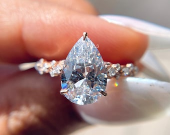 Vintage Pear Shape Moissanite Engagement Ring 3 Ct Pear Diamond Ring 14K Rose Gold Cathedral Shank Hidden Halo Ring For Women Gift for her