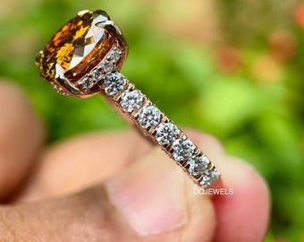 3 Portuguese Cut Champagne Moissanite Ring 14K Rose Gold Cathedral Engagement Ring Hidden halo Ring Solitaire Wedding Ring promise Ring Love