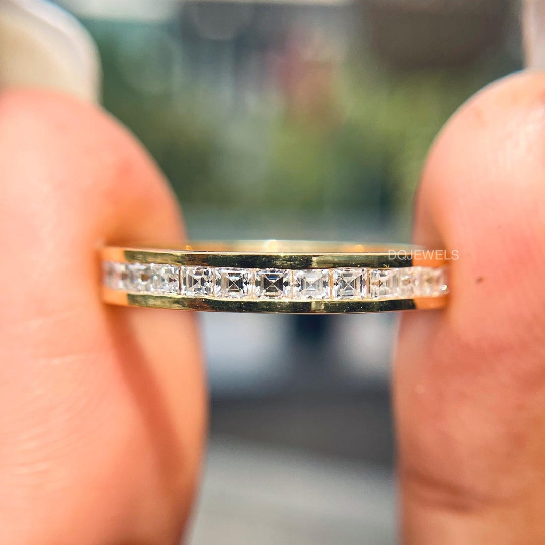 Asscher Cut Moissanite Diamond Eternity Band 14K Yellow Gold Channel ...