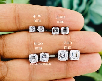 Moissanite stud Earrings, Asscher Cut Diamond Earrings, 14K white Gold Earrings Push Back, Screw Back Earring For Women, Moissanite Earring