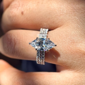 Bridal Set 2 Ct Marquise Cut Moissanite Engagement Ring 14K White Gold Anniversary Ring Micro pave Wedding band Solitair hidden halo Ring