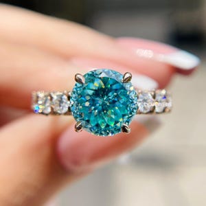 U Prong Pave Set Ct Portuguese Cut Moissanite Engagement Ring 14K Rose Gold Solitaire Ring For Women Wedding Ring Cyan Blue Moissanite Ring