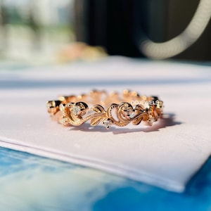 Vintage Art Deco Wedding Band 14K Rose Gold Moissanite Diamond Matching Band Bridal Stacking Matching Band Anniversary Ring Eternity band