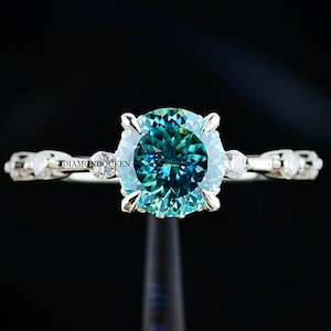 Portuguese cut moissanite engagement ring, 1.8 CT Blue Green Portuguese Cut Moissanite Solitaire Ring, Hidden halo dainty wedding Love Ring