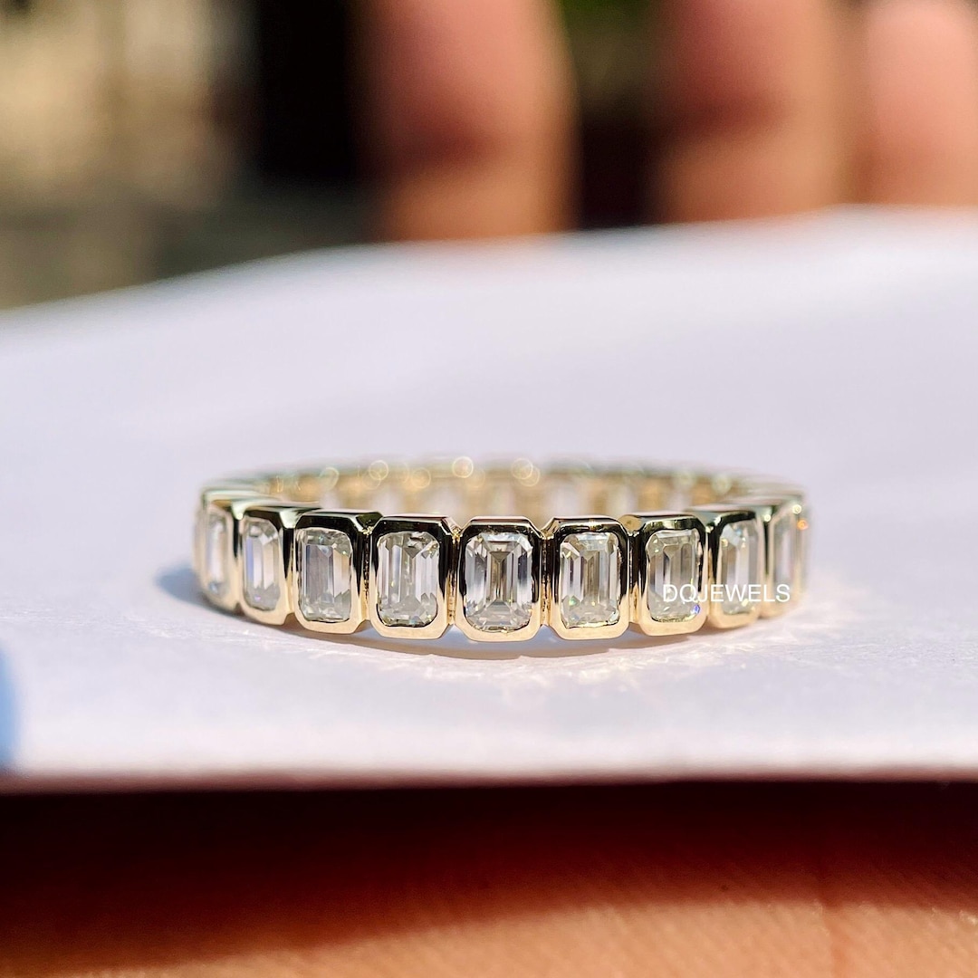Bezel Set Emerald Cut Moissanite Wedding Band 14K Yellow Gold Fully ...