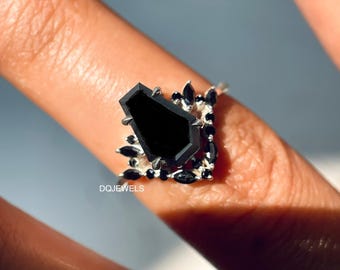Art Deco Black Diamond Ring Coffin Cut Black Moissanite Engagement Ring 14K White Gold Halo Diamond Ring for women Wedding ring Gift for her