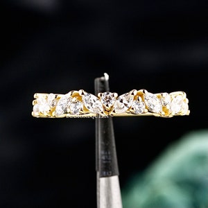 Marquise and Round cut Moissanite Diamond Band, 14K Yellow Gold Half Eternity Band, Marquise Cut Eternity Band,           Stackable Ring