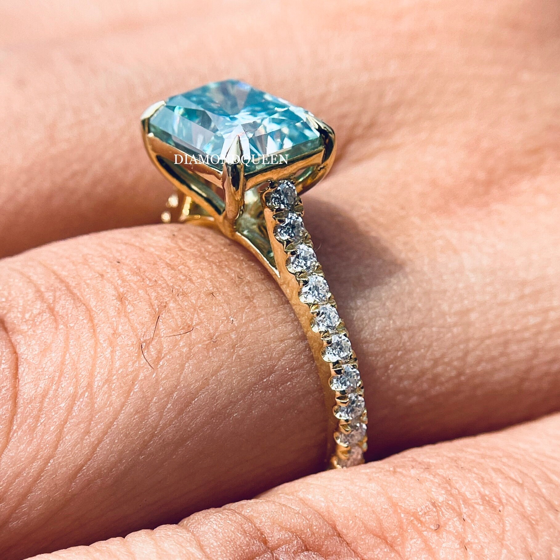 East West Radiant Cut Moissanite Ring 2.5 CT Blue Green