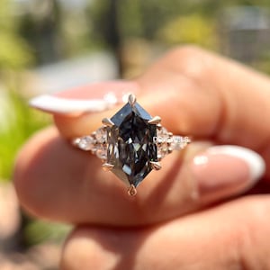 Hexagon cut Gray Moissanite Ring Dutch Marquise Engagement Ring Anniversary Ring Vintage Ring Love Ring Promise Ring Gift For Her Birthday