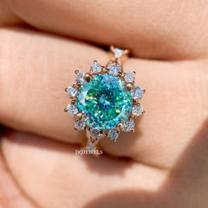 2 CT Portuguese cut moissanite engagement ring, Cyan blue moissanite Halo Ring Floral Ring For Women 14K Rose Gold Anniversary Ring Gift