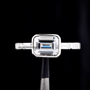 East West Emerald Cut Engagement Ring, 14k White gold Bezel Set Emerald Cut Moissanite Ring, Baguette Ring, East West Ring For Women, Bezel