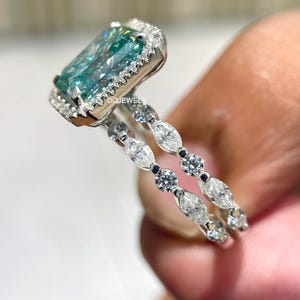 Radiant Cut Moissanite Halo Engagement Ring Set 10K White Gold Bridal Ring Set Wedding Ring Matching Band Blue Green Moissanite Ring Gift