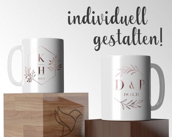 Taza individual taza de café taza de cerámica boda, matrimonio, aniversario personalizada con iniciales y fecha