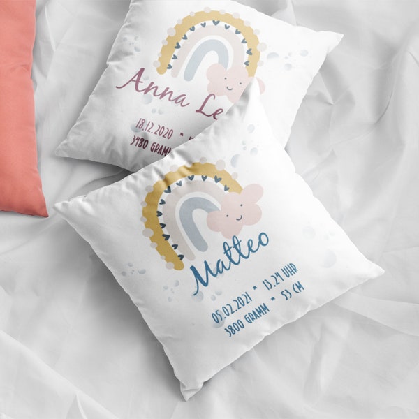 Rainbow pillow personalized with birth dates