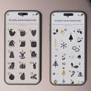May include: Two smartphones displaying a digital Advent calendar. The screens show a grid of numbered squares with festive illustrations in black and gold, including a Christmas tree, star, and bell. The text "Shopify Adventskalender" is visible.