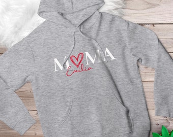 Mama sweat à capuche coeur gris personnalisé avec nom