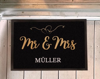 Mr & Mrs gold heart doormat personalized with name